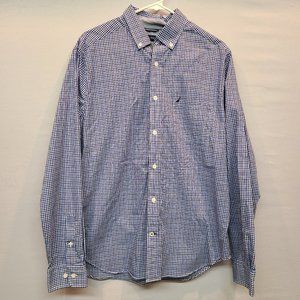 Nautica Dress Shirt Blue Black Plaid Button Down Long Sleeve Mens Medium